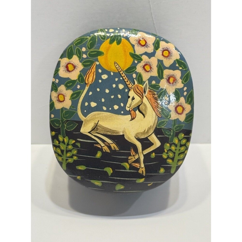 Kashmir Vintage Lacquered Trinket Box Blue Floral With Unicorn Handmade India